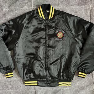 Men's Vintage 80s Nemesis Black Yellow Quilted Satin Bomber Coaches Jacket Sz XL